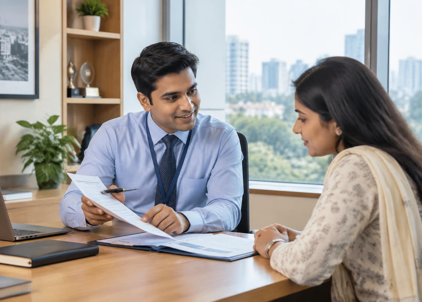 A banking professional explaining loan documents to a customer