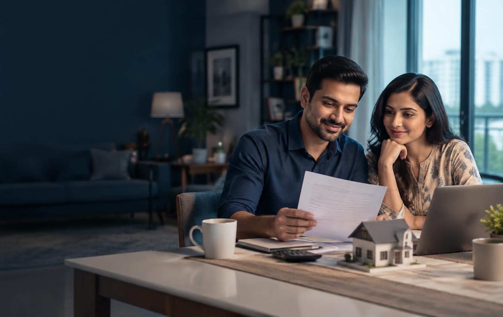Indian couple reviewing a financial plan for their future home