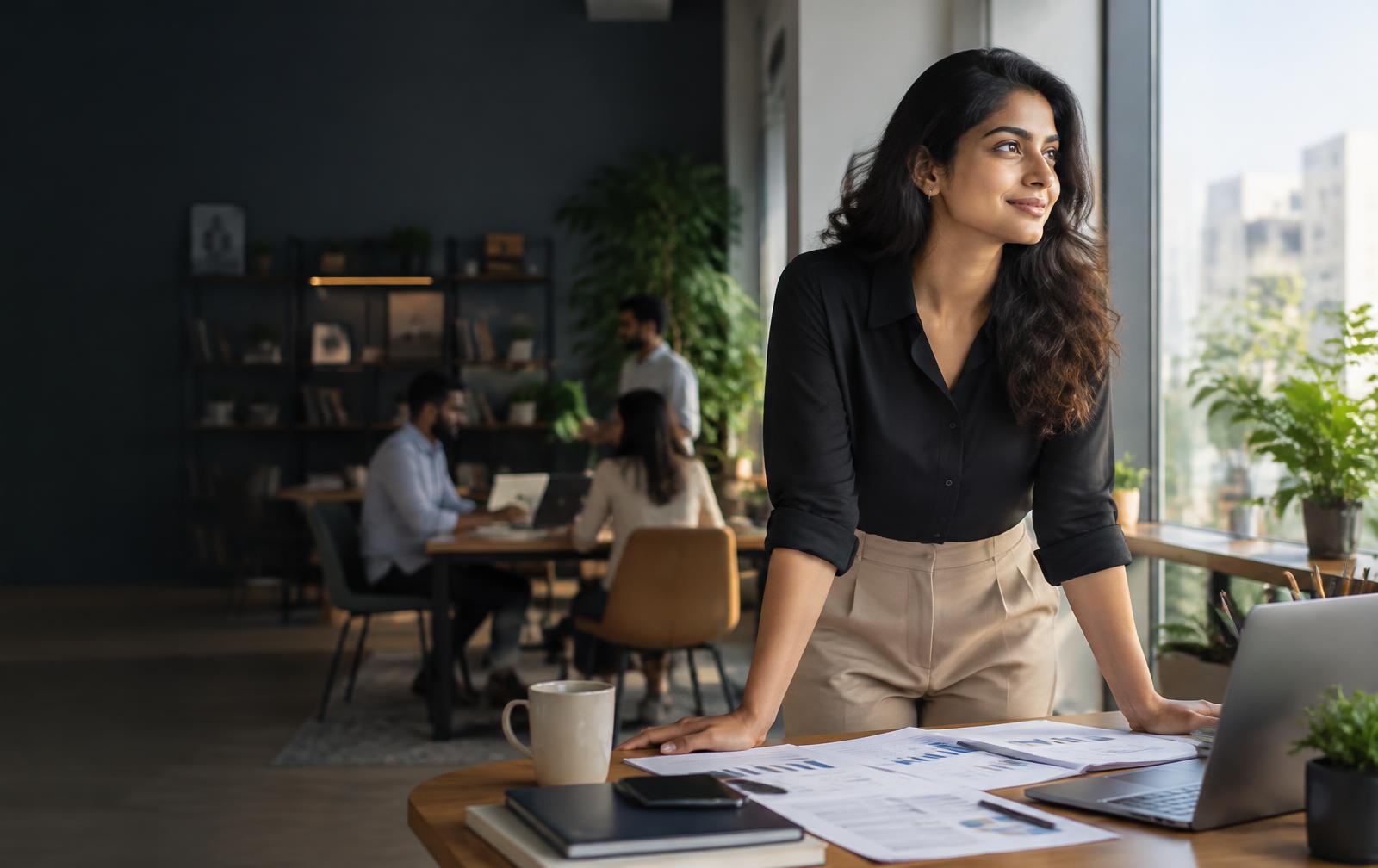 Indian entrepreneur reviewing business plans in her office